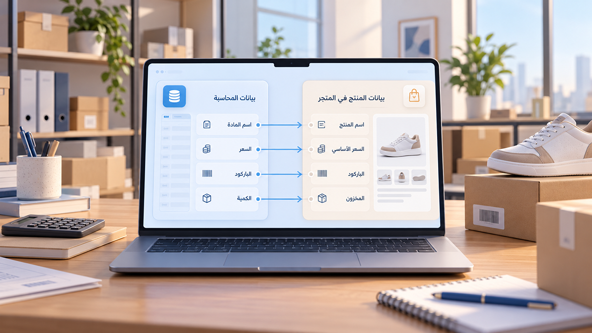 مشهد توضيحي لربط بيانات برنامج المحاسبة بمنتجات المتجر في Cliprz، يظهر حقول البيانات مثل اسم المادة والسعر والباركود والكمية وهي تنتقل إلى حقول المنتج داخل المتجر.