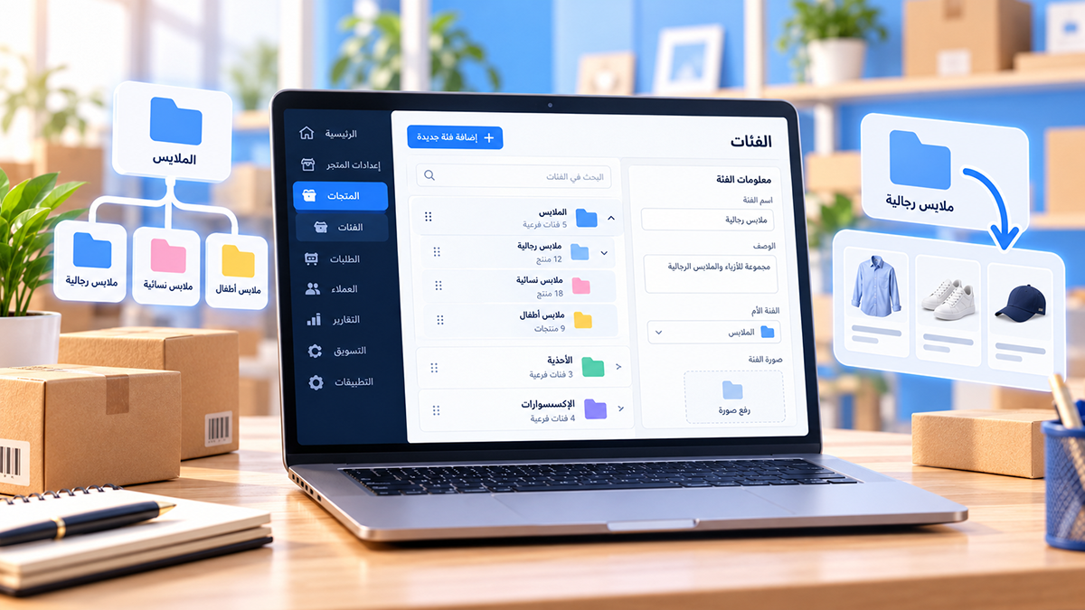 تساعدك الفئات على تنظيم المنتجات ضمن أقسام رئيسية وفرعية، مع عنوان ووصف ورابط مستقل لكل فئة.