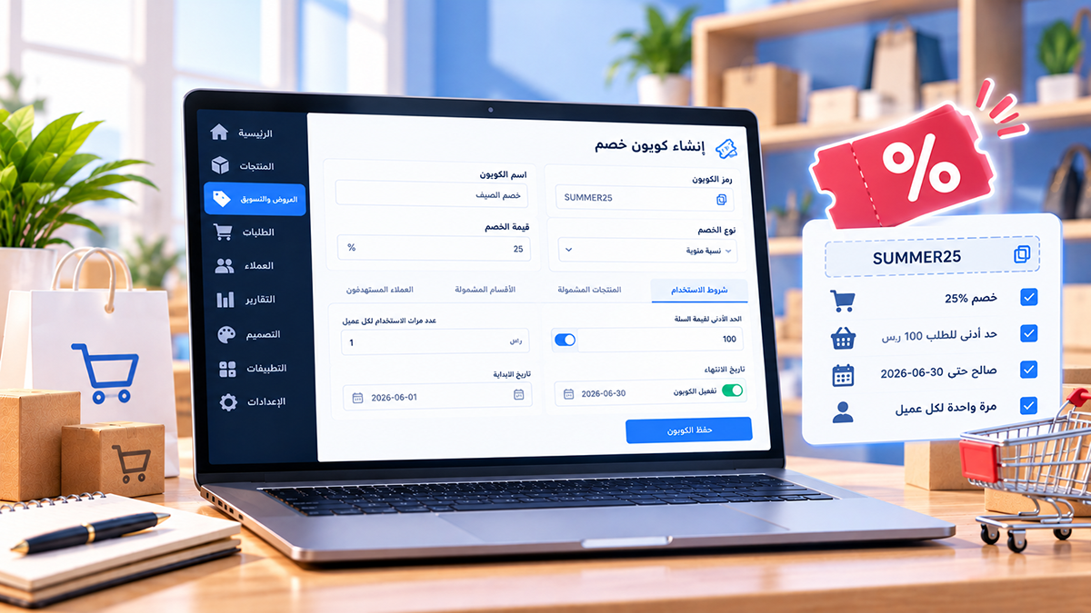 رسم توضيحي لإنشاء كوبون خصم في متجر Cliprz، يظهر رمز الكوبون ونسبة الخصم وشروط الاستخدام، مع تحديد الحد الأدنى للطلب وفترة صلاحية الكوبون.