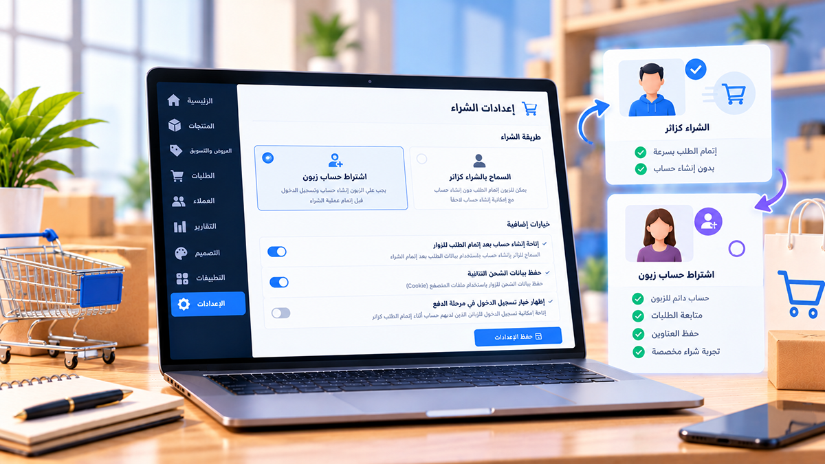 رسم توضيحي لإعداد خيارات الشراء في متجر Cliprz، يوضح الفرق بين إتمام الطلب كزائر دون تسجيل حساب واشتراط تسجيل الدخول أو إنشاء حساب زبون قبل الشراء.