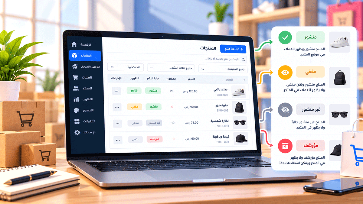 رسم توضيحي لإدارة حالات نشر وظهور المنتجات في Cliprz، يعرض منتجات منشورة ومخفية ومؤرشفة، مع رموز توضّح التحكم في ظهور المنتجات داخل المتجر الإلكتروني.