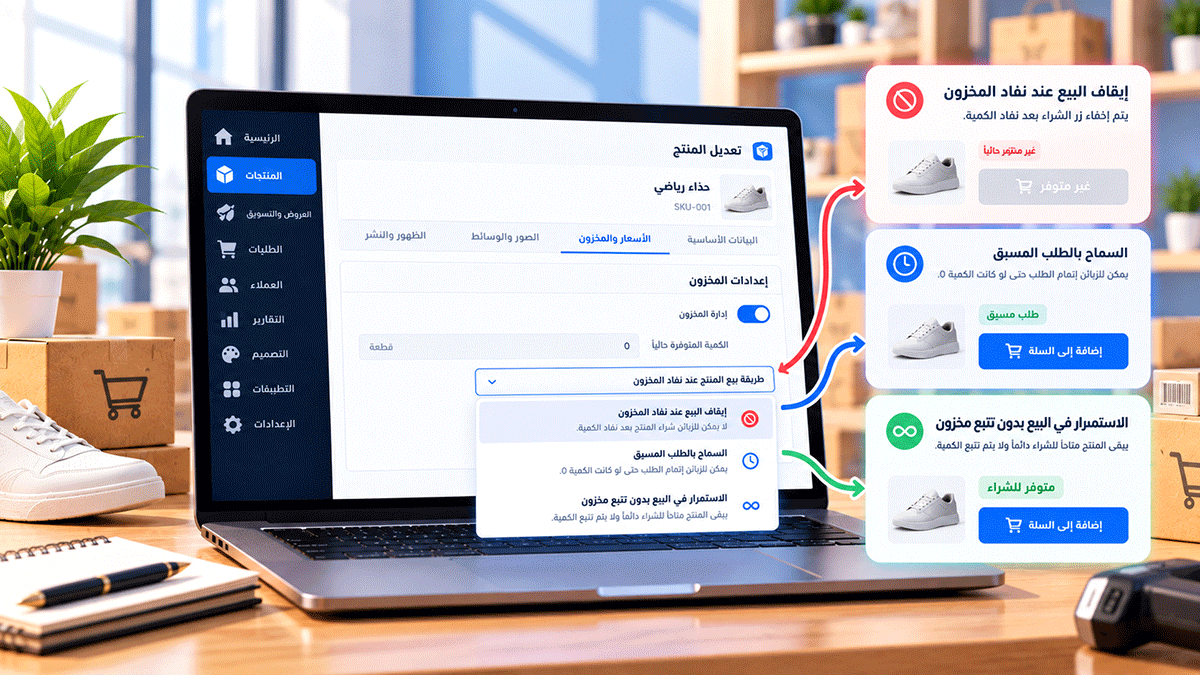 رسم توضيحي لإدارة بيع المنتجات عند نفاد المخزون في Cliprz، يعرض منتجاً بكمية صفر وخيارات إيقاف الطلب أو السماح بالطلب المسبق، مع توضيح حالة التوفر للزبائن.