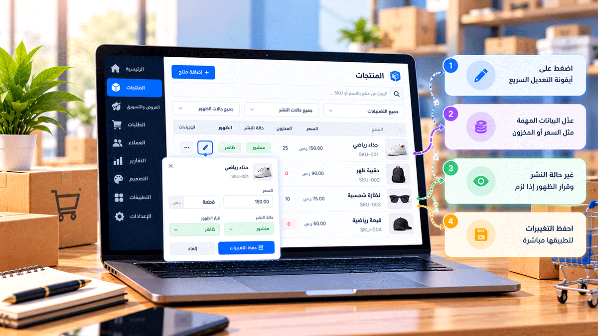 رسم توضيحي لميزة التعديل السريع للمنتجات في Cliprz، يظهر قائمة المنتجات ونافذة تعديل بيانات المنتج، مع إمكانية تغيير السعر والمخزون وحالة النشر دون الانتقال إلى صفحة تعديل كاملة.