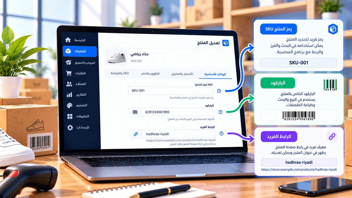 رسم توضيحي لإدارة معرّفات المنتجات في Cliprz، يوضح حقول رمز SKU والباركود والرابط الفريد داخل بطاقة المنتج، مع رموز تمثل التعريف بالمادة والبحث والوصول إلى صفحة المنتج.