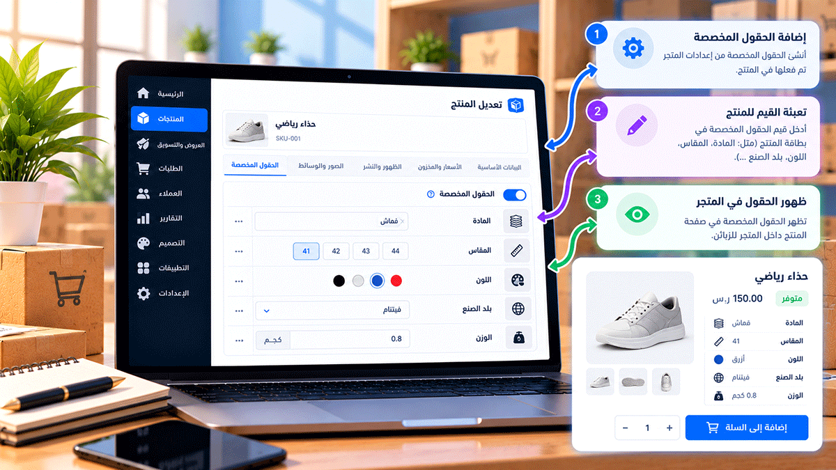 رسم توضيحي لإدارة الحقول المخصصة في منتجات Cliprz، يظهر إضافة معلومات مثل نوع القماش والمقاس وبلد المنشأ إلى بطاقة المنتج، والتحكم في طريقة عرضها للزبائن.