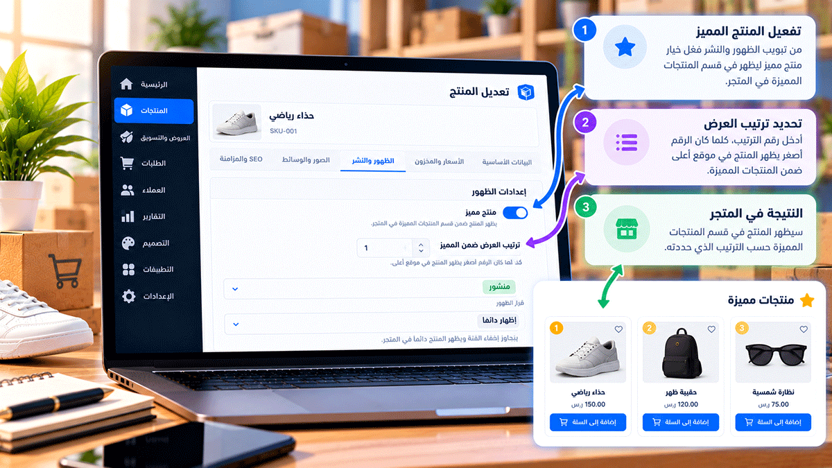رسم توضيحي لإدارة المنتجات المميزة في متجر Cliprz، يظهر اختيار منتج ووضع علامة النجمة عليه، مع ضبط ترتيب عرضه وإبراز المنتجات المختارة في المتجر الإلكتروني.