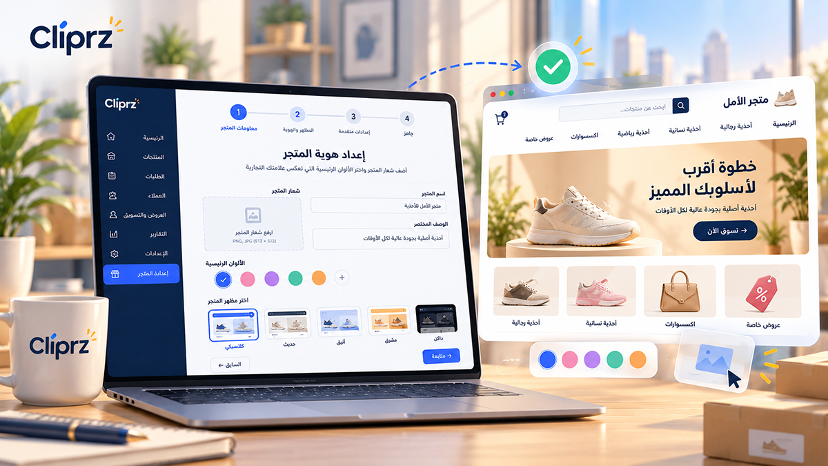 رسم توضيحي لإعداد هوية متجر Cliprz لأول مرة، يُظهر رفع شعار المتجر واختيار تصميم الواجهة ومراجعة الإعدادات قبل الدخول إلى لوحة التحكم.