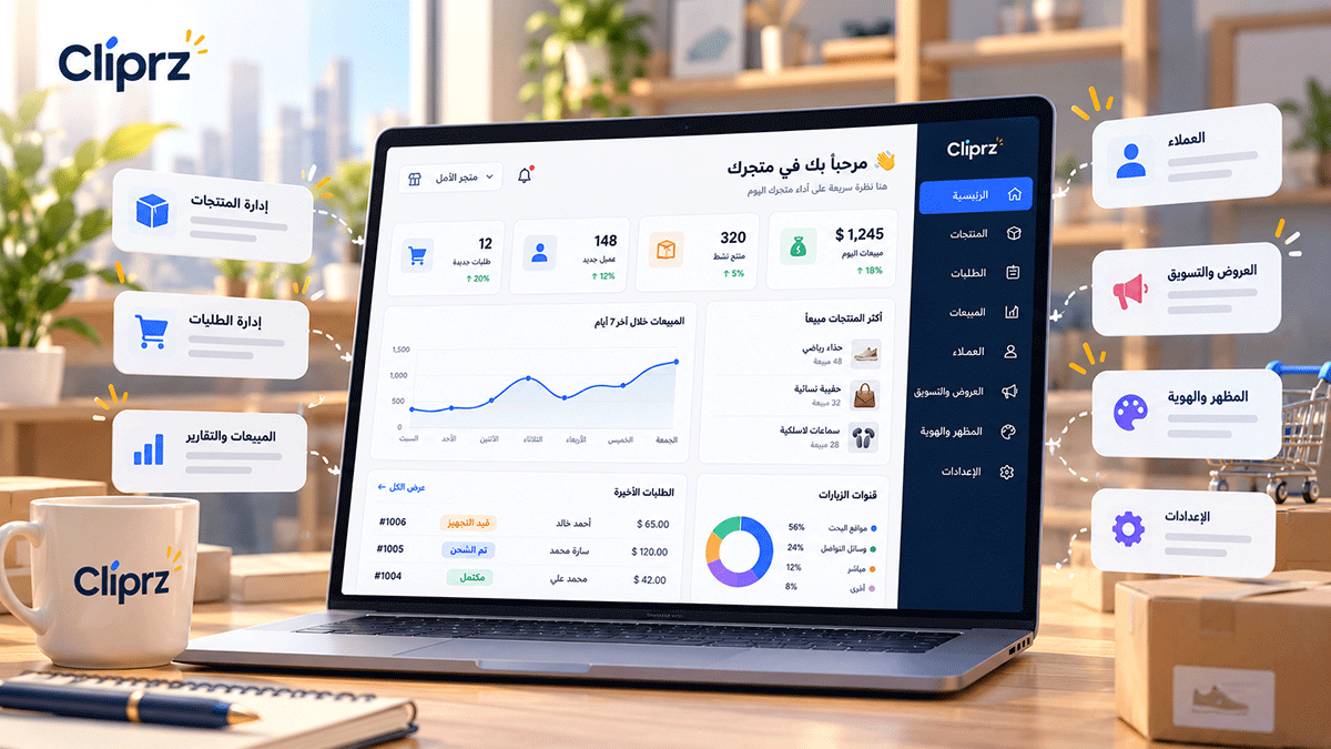 رسم توضيحي للوحة تحكم Cliprz يعرض القائمة الجانبية ومؤشرات المتجر وبطاقات المنتجات والطلبات، مع إبراز أدوات إدارة المتجر من مكان واحد.