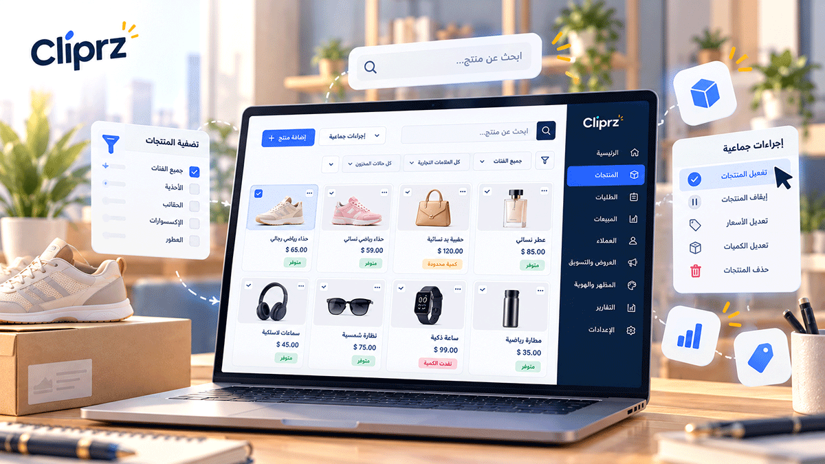 رسم توضيحي لصفحة إدارة المنتجات في Cliprz يعرض بطاقات المنتجات مع البحث والفلاتر وحالات النشر والمخزون وأدوات التعديل والإدارة الجماعية.